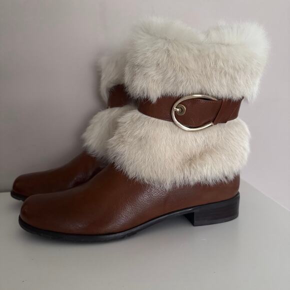 Stuart Weitzman Brown Leather Fur Cuff Lined Buckle Boots 7.5 - Picture 2 of 12